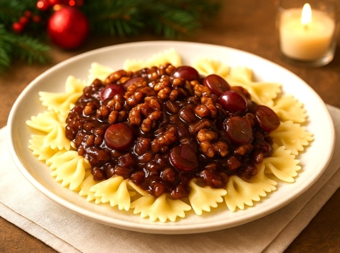 Nudelgericht mit Farfalle und brauner Soße mit Trauben und Walnüssen auf einem hellen Teller